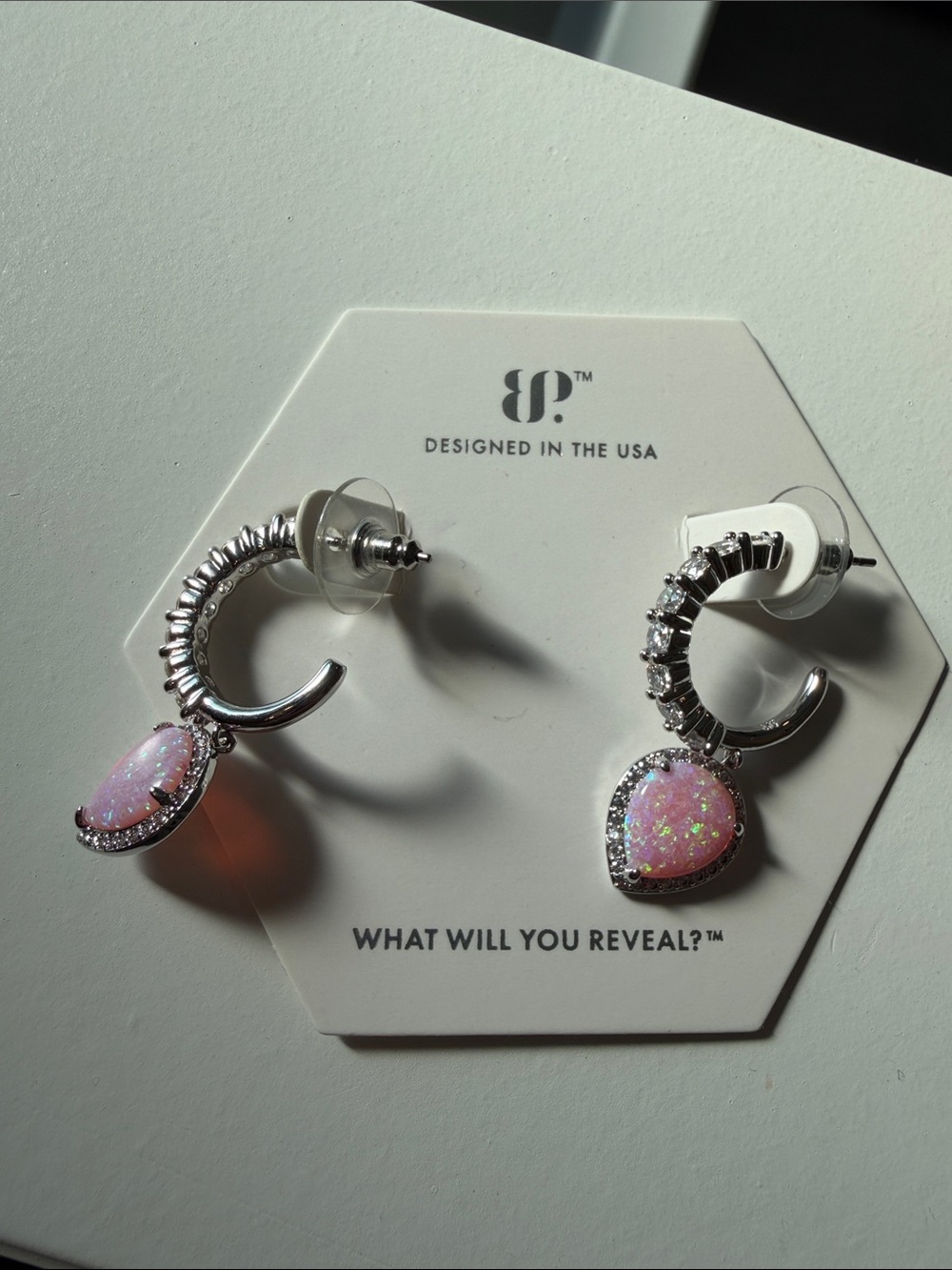 bp Silver Hoop Earrings with Sparkling Pink Heart Charms